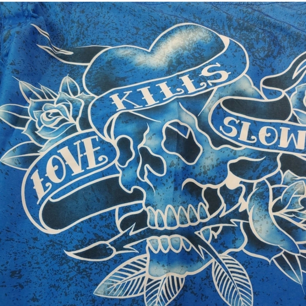 Y2k Ed Hardy Board Shorts Sz Large Blue Skull Roses Love Kills Slowly Tattoo Art
